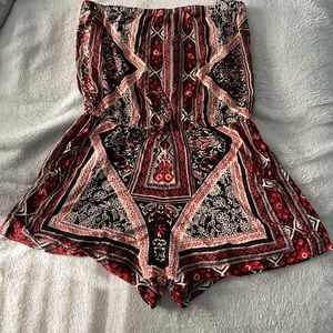 Red & Black Print Romper